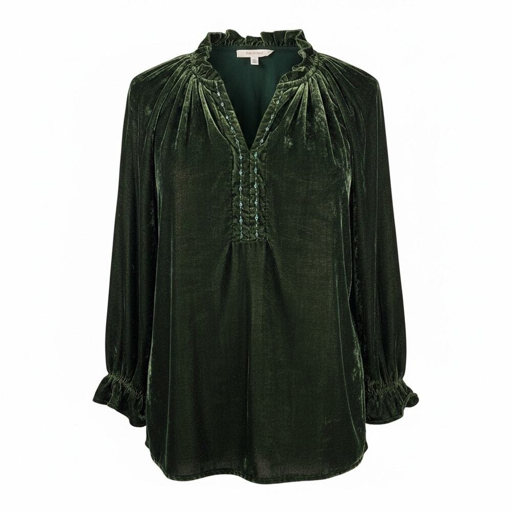 Democracy Olive Velvet Peasant Top Beaded Tunic Boho Renaissance Medium